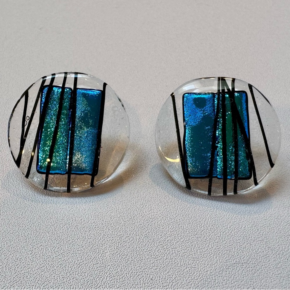 Iridescent Dichroic Glass Brooch and Earring Set with Blue and Black Accents - Picture 2 of 9